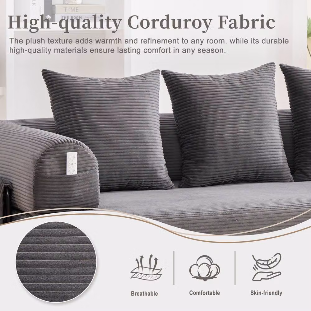 GOMYWAY Matteo Modular L-Shape Corduroy Sofa in Grey with Scatter Cushions – 3