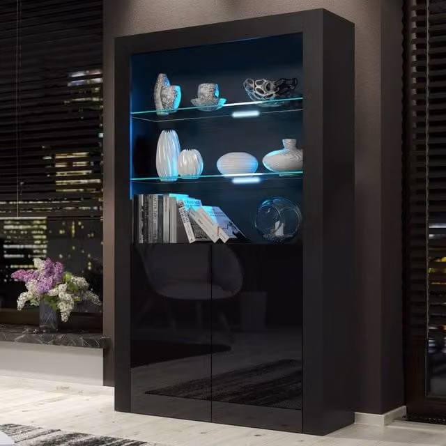 Mex Furniture LTD Spectrum Display Cabinet in Black with Glossy Hinged Doors and LED Lighting, W/D/H: 100 x 35 x 170 cm – 1