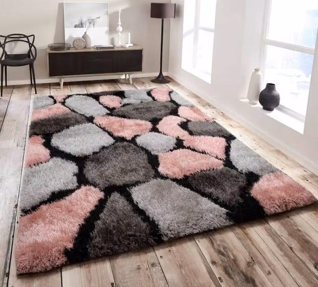 Home Republic Pebbles Carved Shaggy Textured Fluffy Rug in Pink, W: 240 cm, D: 330 cm – 1