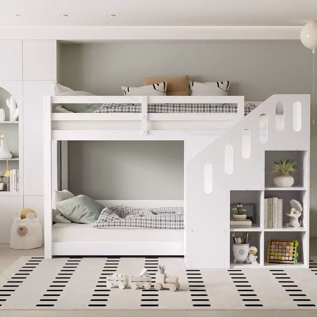 ModernLuxe Kids Bunk Bed with Two Single Beds, Storage Stairs and Safety Rails, White – 1