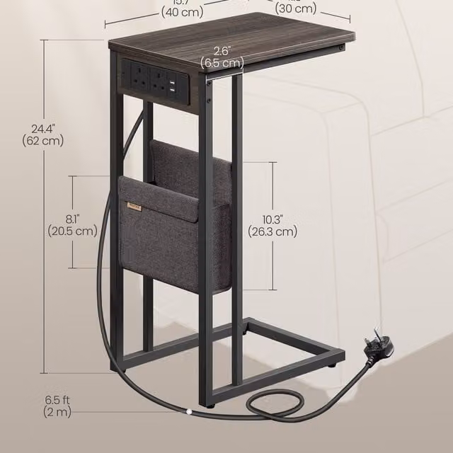 VASAGLE C-Shaped Side Table with Charging Station in Bronze and Brown