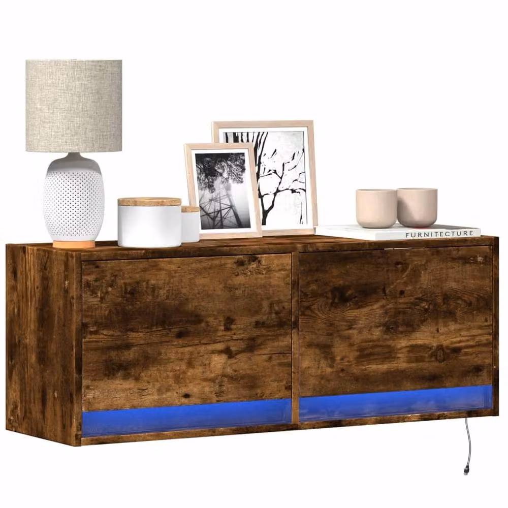 Berkfield Home TV Wall Cabinet with LED Lights in Smoked Oak Brown, W/D/H: 100 x 31 x 35 cm – 2