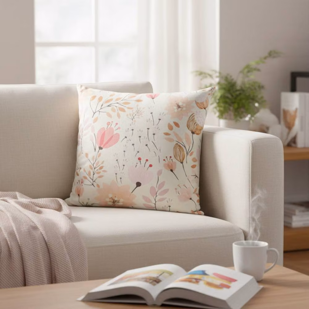 Four Candle Handmade Floral Printed Cotton Cushion with Filling, Multicolour and White, W/D/H: 45 x 45 x 45 cm – 2