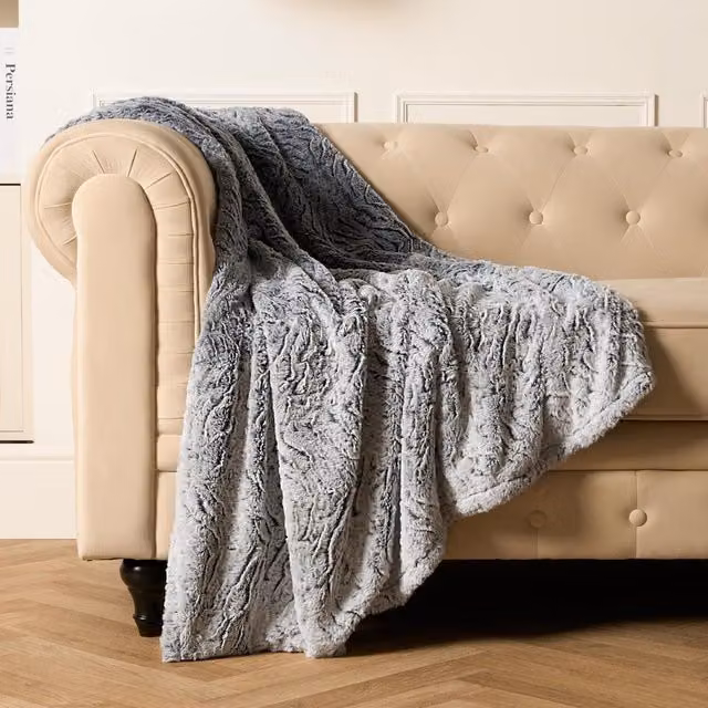 OHS Grey Two Tone Faux Fur Plush Throw Blanket