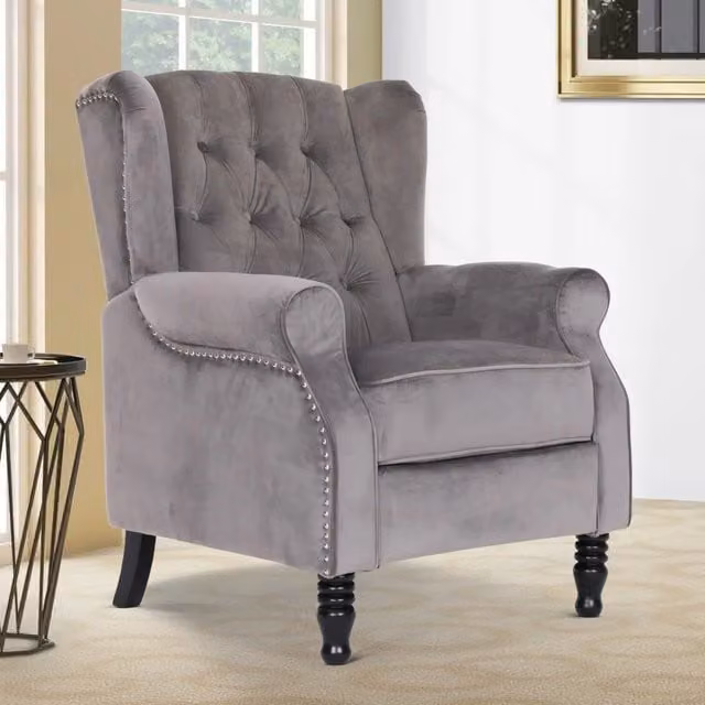 SquareBoxx Windsor Pushback Recliner Chair in Grey Velvet and Synthetic Leather