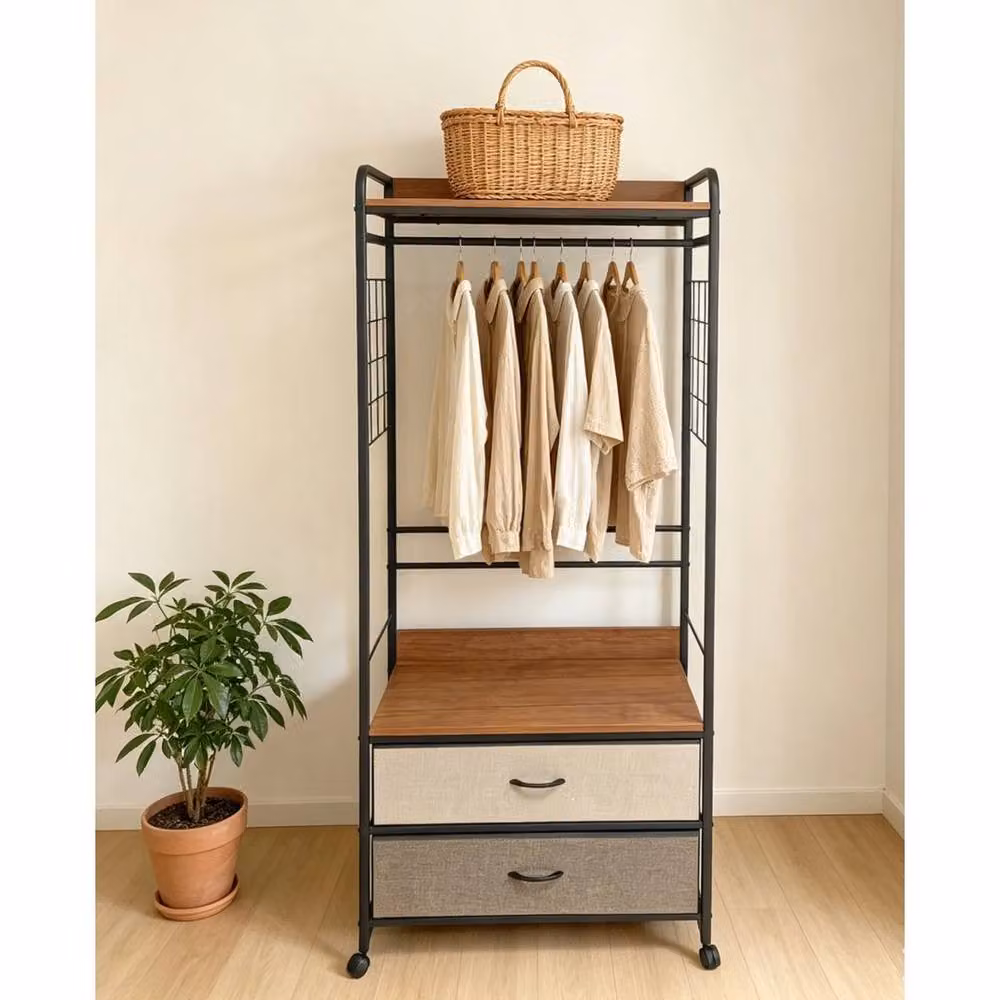 FORGEVIO Black Metal Rolling Garment Rack with Integrated Drawers and Hanging Rod – 2