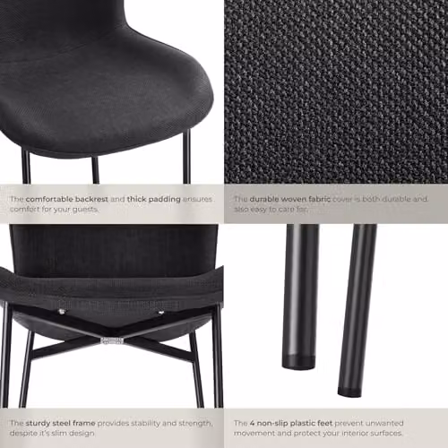 tectake Set of 4 Scandi Style Dining Chairs in Black Woven Fabric with Ergonomic High Backrest and Steel Legs – 6