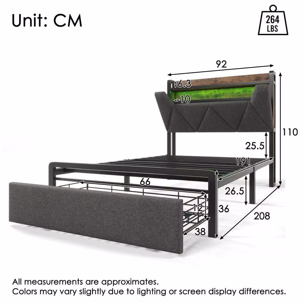 ModernLuxe Grey Upholstered Double Bed with Storage Drawers, Headboard and LEDs, W/D/H: 140 x 200 cm – 2