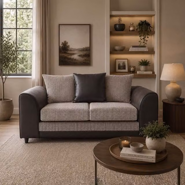 Furnishings For Less UK Luca 2 Seater Fabric and Synthetic Leather Trim Sofa in Black and Grey