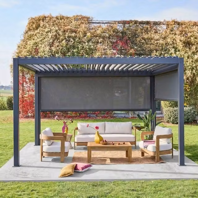 Sweek Aluminium Louvered Pergola in Dark Grey with 3m and 4m Blinds, W: 4 m, D: 3 m, H: 2.55 m – 1