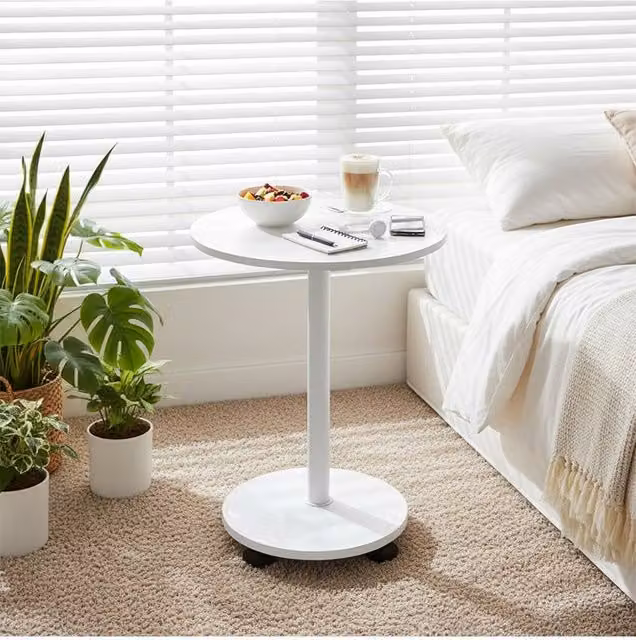 Living and Home Modern Round Side Table with Lockable Castors in White