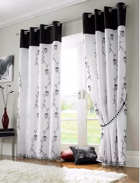 Livinluxury Tahiti Floral Lined Voile Eyelet Curtains, Black and White, Width: 183 cm