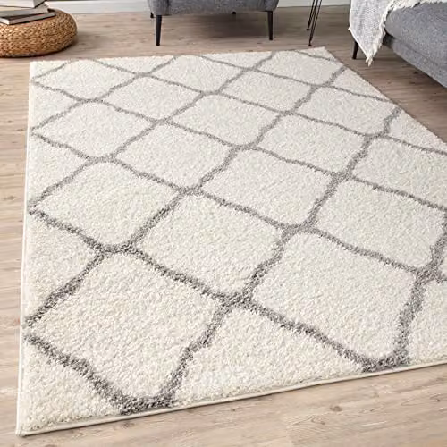 THE RUGS Moroccan Shaggy Area Rug in White and Grey, W: 60 cm, L: 110 cm, H: 3 cm
