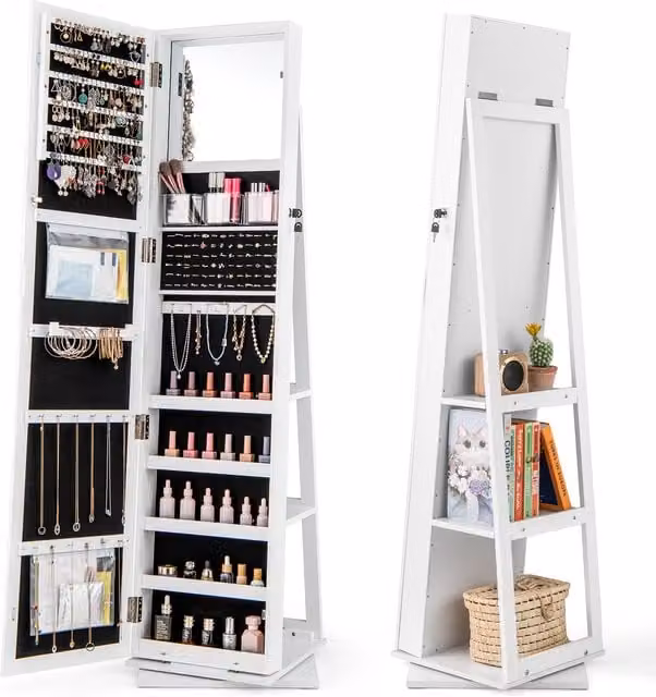 COSTWAY Modern Freestanding Jewelry Organizer with Full Length Mirror and Internal Shelves, White