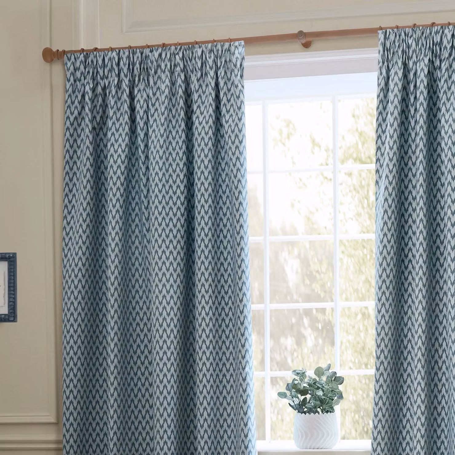 Sanderson Hutton Blue Pencil Pleat Opaque Fabric Curtains, Width: 117 cm, Drop: 183 cm – 2