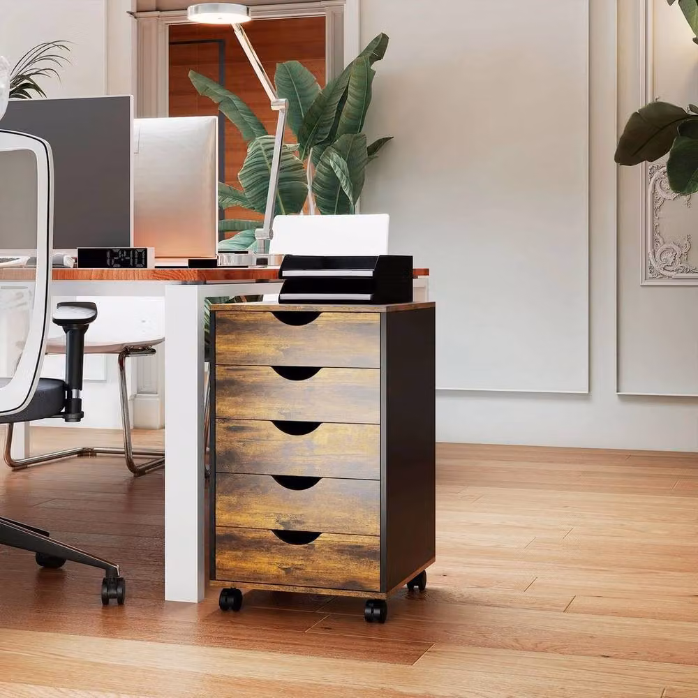 EONLION Brown 5-Drawer Filing Cabinet with Castors for Home Office – 4