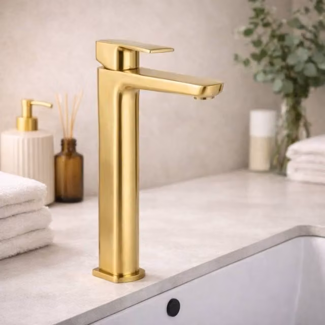 Bathroom Kingdom Muro Brushed Brass High Rise Basin Mixer Tap in Gold