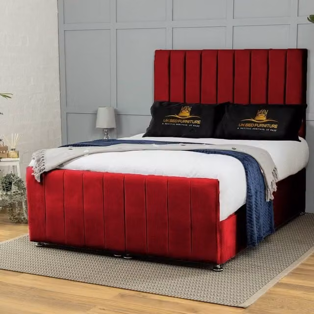 UK Bed Furniture Belvoir End Lift Divan Ottoman Bed with 54 Inch Headboard in Maroon Velvet, Super King, W/D/H: 200 x 200 cm