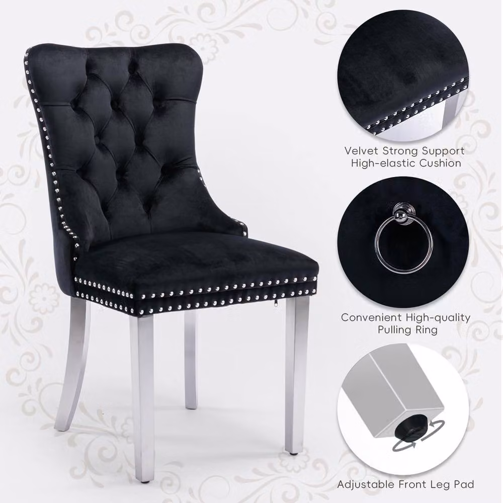 HomeTouch Winchester Set of 6 Black Velvet Upholstered Kitchen Dining Chairs with Silver Chrome Legs – 5