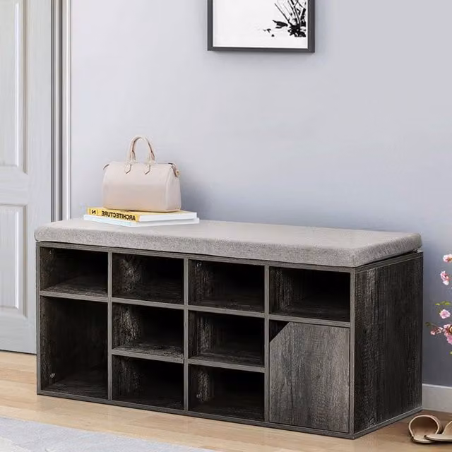 Livingandhome Modern Grey Hallway Shoe Storage Bench Cabinet with Fabric Padded Cushion Seat