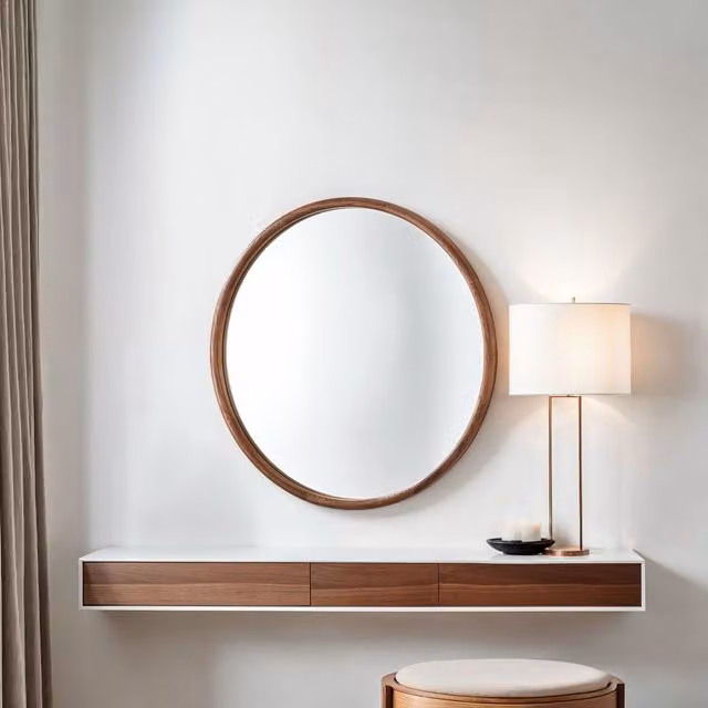 Yearn Round Solid Wood Wall Mirror in Brown, Diameter: 60 cm