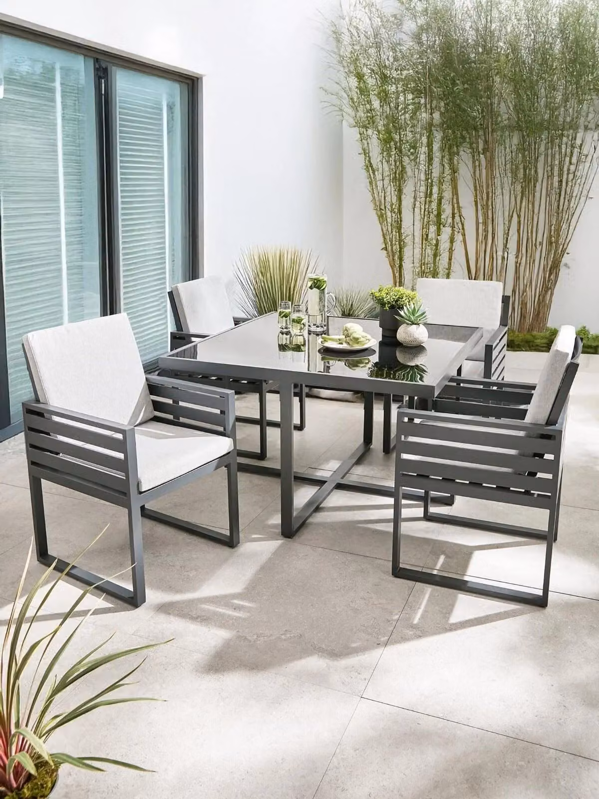 Modern Square Glass and Metal Garden Furniture Set in Grey and Black