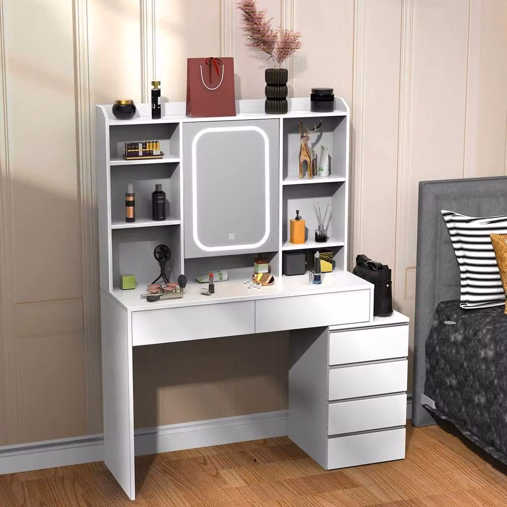 FORGEVIO Modern White Glossy Dressing Table with 6 Drawers and Hollywood LED Mirror Set – 2
