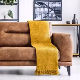 Emma Barclay Waffle Pique Cotton Throw in Yellow with Fringes, W/D/H: 127 x 152 cm – 2