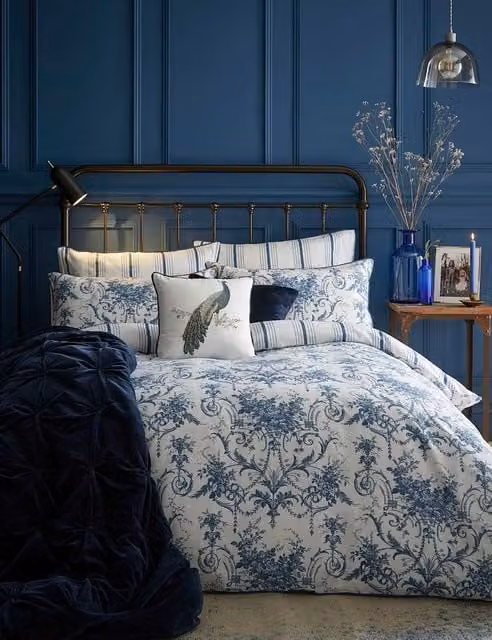 Laura Ashley Tuleries Pure Cotton Sateen Bedding Set, Dark Navy Blue, 140 x 200 cm