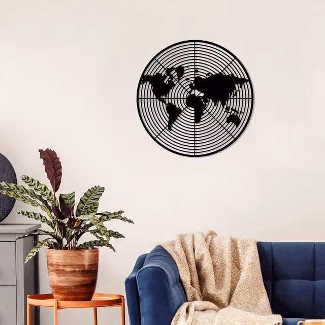Decortie Dart World Minimalist Metal Wall Art Ornament, Black, W/D/H: 60 x 60 x 1 cm – 1