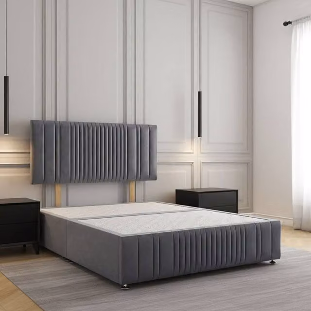 Regional Furnishings Plush Velvet Divan Bed with 24 inch Headboard and Footboard in Charcoal Grey, King Size, W/D/H: 180 x 200 cm