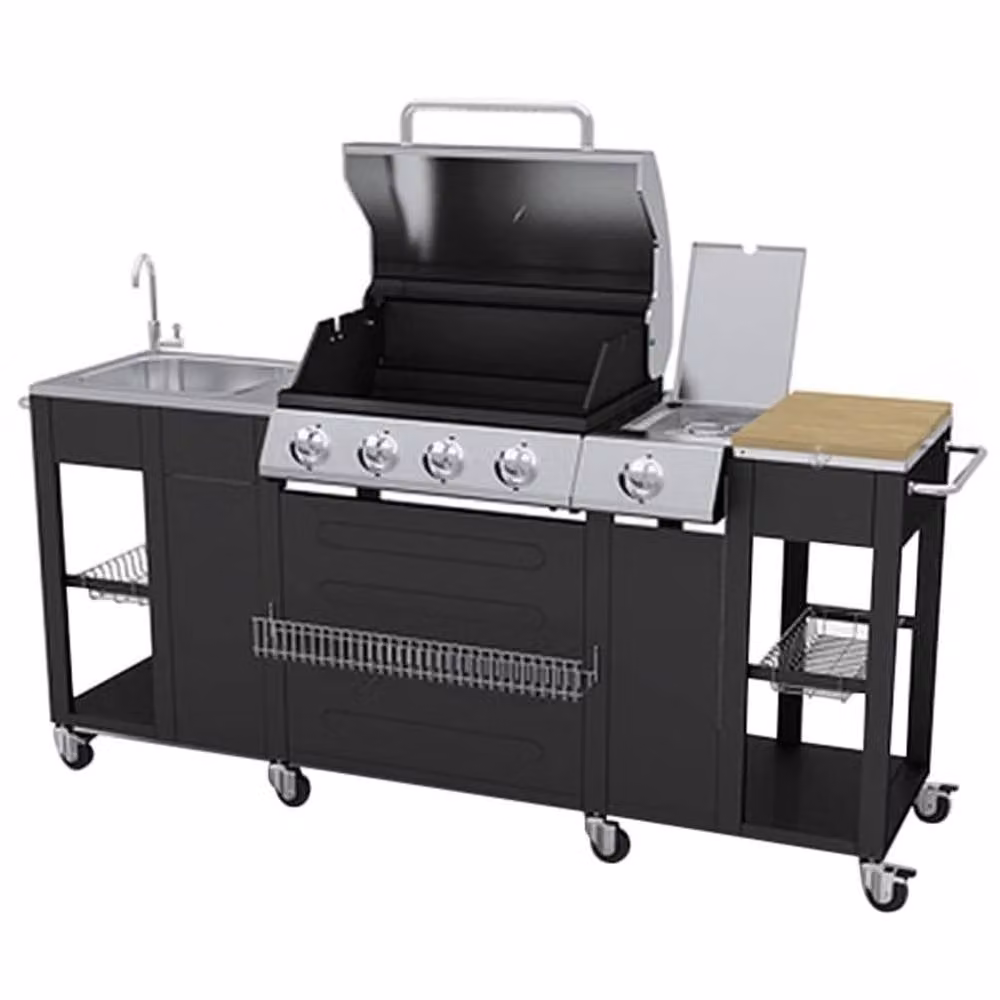 Berkfield Home Montana 4 Burner Gas Outdoor Kitchen Barbecue with Side Burner and Wheels in Black – 3