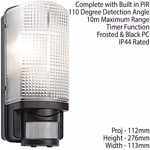 Loops Black IP44 Outdoor Wall Bulkhead Light with 10m PIR Motion Sensor and Timer, 60W Max E27 LED Compatible – 2