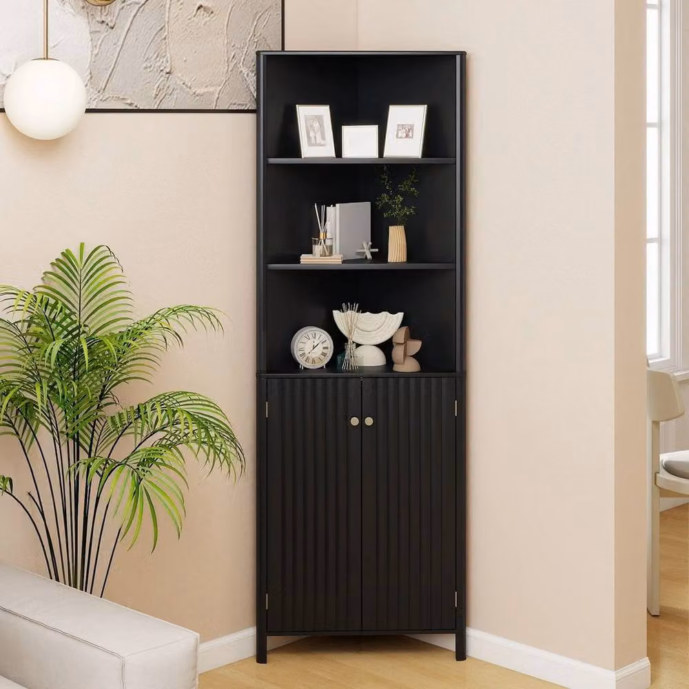 VOGREX Modern Black Corner Storage Cabinet with Hinged Doors and Internal Shelves, Height: 172 cm – 5