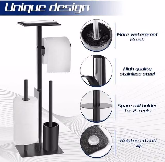NESTLUNE Free Standing Stainless Steel Toilet Paper Holder with Brush in Black, W: 180 cm, H: 180 cm – 1