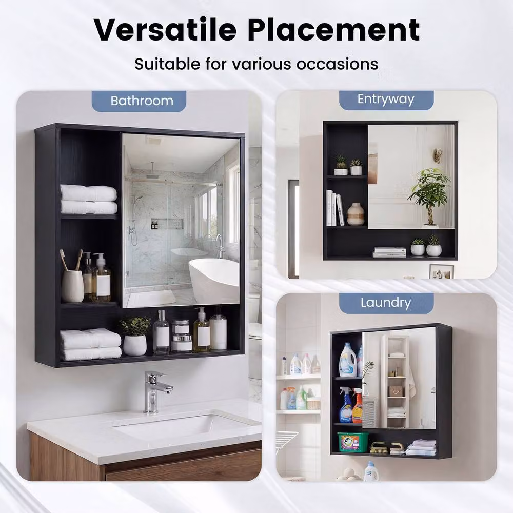 Costway Modern Black Wooden Bathroom Wall Mirror Cabinet with 3 Open Shelves – 9