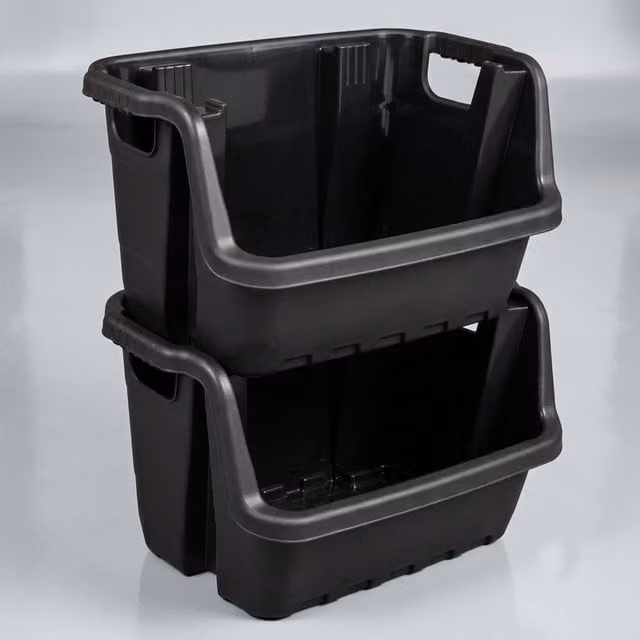 Storm Trading Group Set of 2 Large Black Heavy Duty Industrial Plastic Storage Crates with Handles