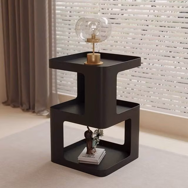 Ventryn Modern Black Sofa Table with Geometric Display Storage and Serving Tiers