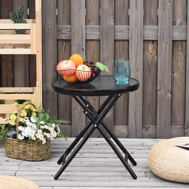 Outsunny Round Foldable Garden Table with Safety Buckle in Black