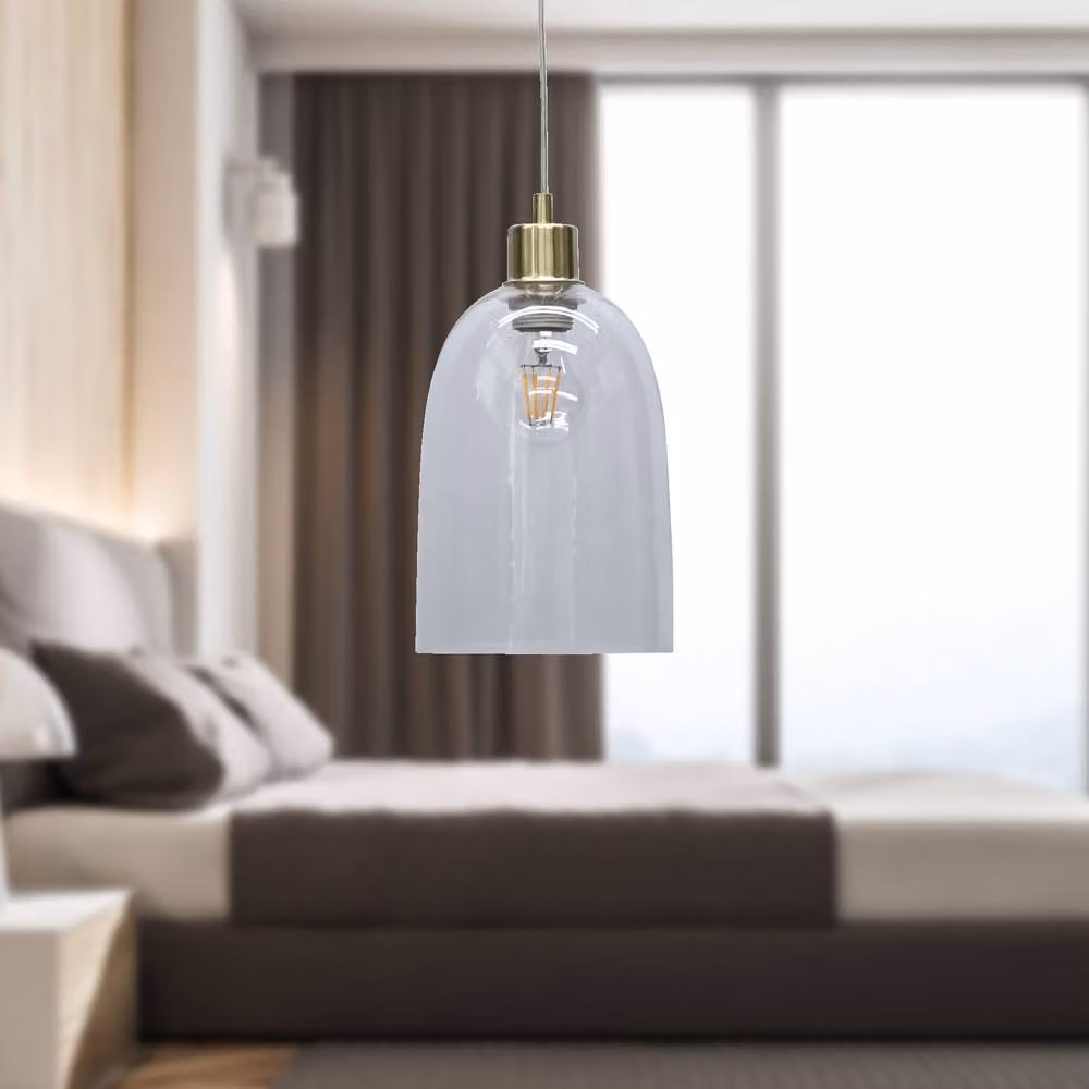 First Choice Lighting Dallas Set of 2 Gold Satin Brass and Clear Glass Domed Pendant Lights – 2