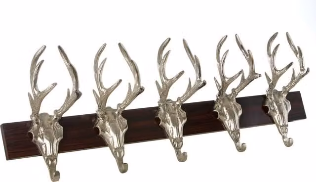 Orsina 5 Stag Head Wall Mountable Coat Hanger with Decorative Hooks in Silver and Brown