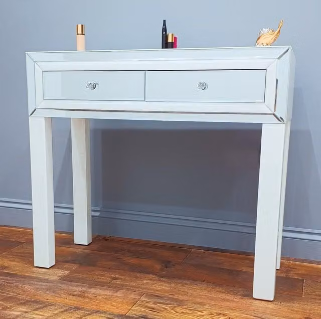 7seas White Glossy Glass Dressing Table with 2 Drawers and Hollywood LED Mirror – 1