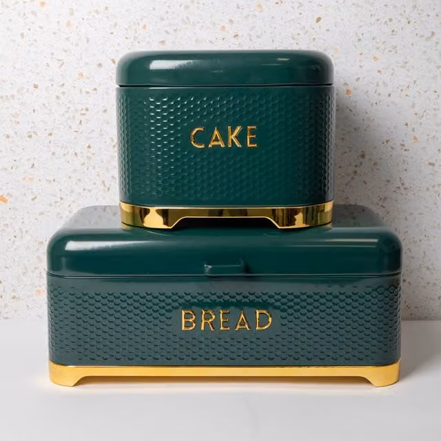 Lovello 2-Piece Green Metal Kitchen Storage Set Including Bread Bin and Cake Tin