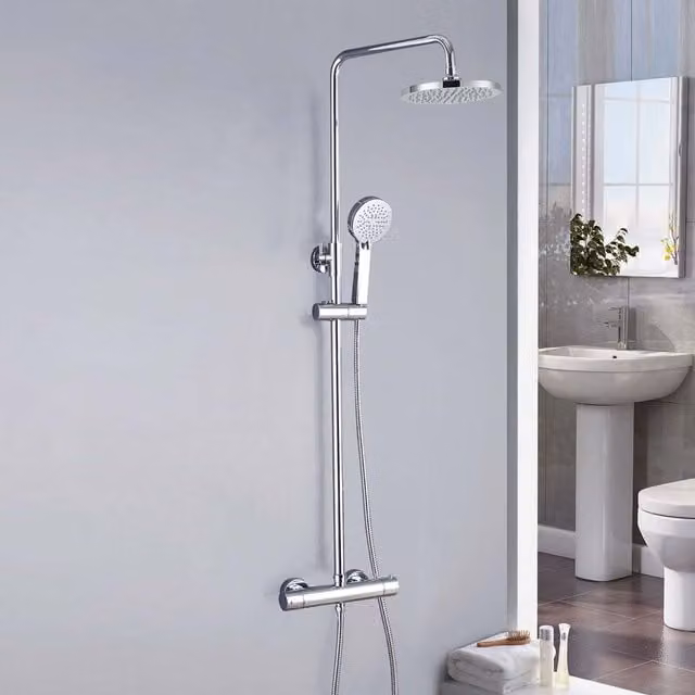 Nes Home Chrome Modern Exposed Thermostatic Shower Set with Rain Overhead Shower and Handheld Spray in Silver