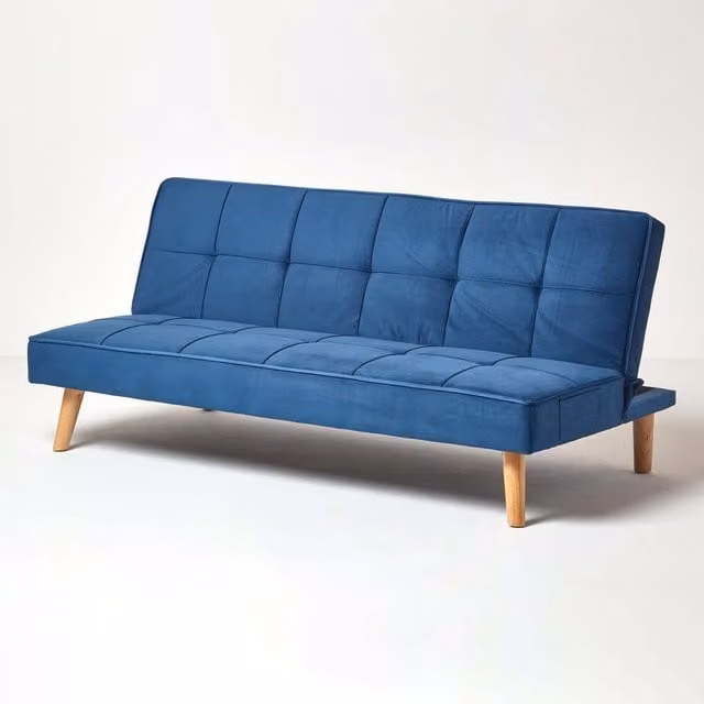Homescapes Bower Blue Velvet 3 Seater Click Clack Sofa Bed with Solid Wood Frame