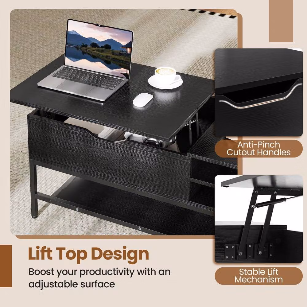 Costway Modern Rectangular Lift Top Coffee Table with Storage Shelf in Black – 6