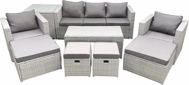 Fimous 9 Seater Outdoor Rattan Garden Furniture Set with Grey Cushions and Coffee Table in Light Grey