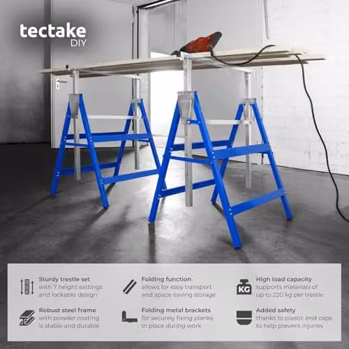 tectake Set of 2 Blue Steel Telescopic Trestles with 7 Height Settings, W/D/H: 68.5 x 56.5 x 79.5 cm – 2