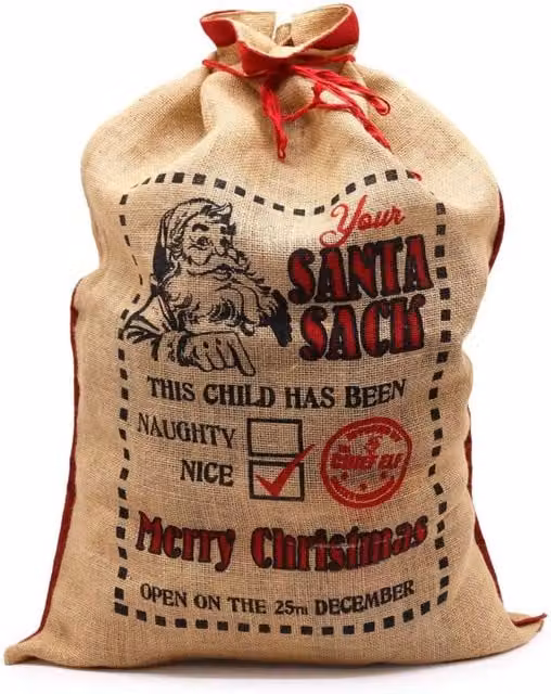 KDMD Festive Naughty & Nice Reusable Jute Christmas Gift Sack for Kids, Brown, W: 55 cm, H: 76 cm – 1
