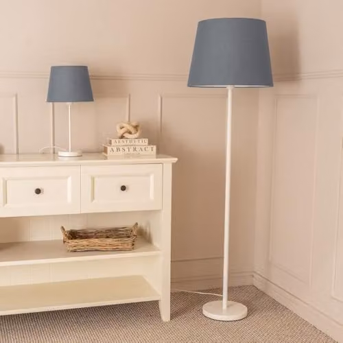 ValueLights Charlie White Metal Single Stem Floor Lamp with Grey Fabric Tapered Lampshade, H 148 cm x W 45 cm x D 45 cm – 2
